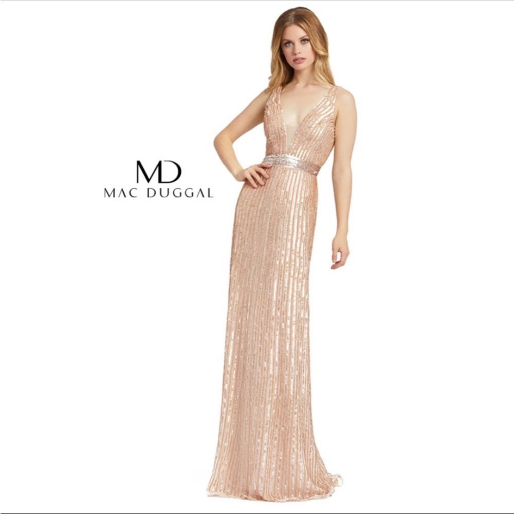 MAC DUGGAL Sequin V-Neck Low Back Long Dress Gown Blush Rose Gold Pink Size 4